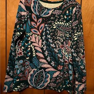Talbots Dark Teal Floral-Print Long Sleeve Top NWOT
